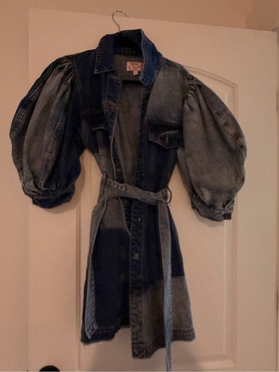 Dresses & Skirts - Patchwork Denim Belted Dress with Puff Sleeves - Blue